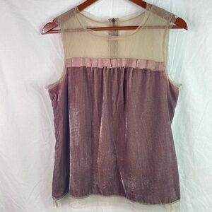 Ann Taylor LOFT Sheer Net Pleated Ribbon Velvet Fairy Goth Top Size M Mauve Pink